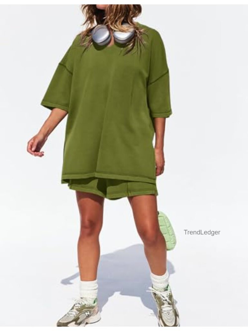 Womens 2 Piece Lounge Set Cotton Blend Oversized Top Elastic Waist Shorts - Picture 2 of 6